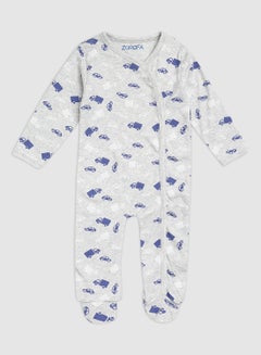 Buy Printed Round Neck Long Sleeve Sleepsuit Grey/White/Blue in UAE