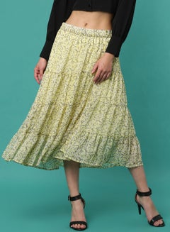 Buy Woven Midi Skirt Yellow/Grey in Saudi Arabia
