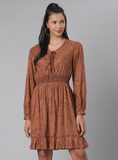 Buy Long Sleeve Mini Dress Brown in Saudi Arabia