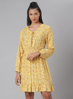Buy Long Sleeve Mini Dress Yellow in UAE