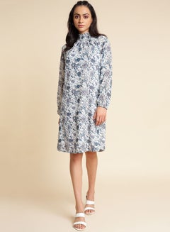 Buy Long Sleeve Printed Dress White/Navy in UAE