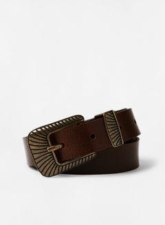 Buy Textured Buckle Leather Belt Brown in UAE