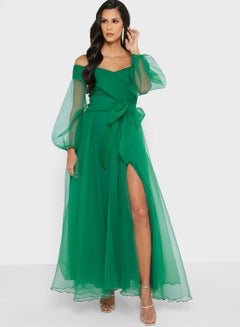 Buy Organza Off Shoulder Wrap Dress Green in UAE