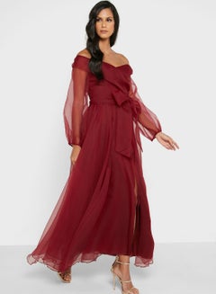 Buy Organza Off Shoulder Wrap Dress Burgundy in Saudi Arabia
