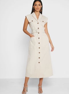 Buy Button Down Belted Dress Cream in UAE