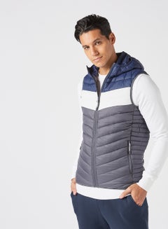 Buy Men's Casual Hooded And Side Pockets Detail Stripped Puffer Vest Jacket Grey/Blue in UAE