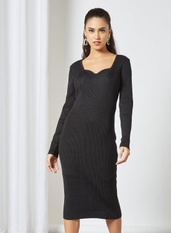 Buy Ribbed Midi Dress Black in UAE