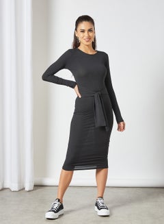 Buy Ribbed Tie Waist Midi Dress Black in UAE