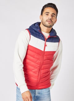 Buy Men's Casual Hooded And Side Pockets Detail Stripped Puffer Vest Jacket Red/Blue in UAE