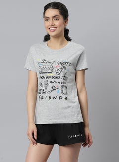 Buy Graphic Printed Round Neck T-Shirt And Shorts Set Grey/Black in Saudi Arabia