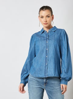 Buy Puff Sleeve Denim Shirt Blue in Saudi Arabia