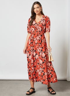 Buy Floral Print V-Neck Dress Red in Saudi Arabia