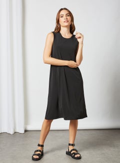 Buy Casual Round Neck Sleeveless Midi A Line Solid Dress Black in Saudi Arabia