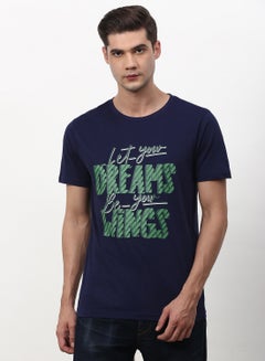Buy Slogan Printed Crew Neck Regular Fit T-Shirt Eclipse Blue in UAE