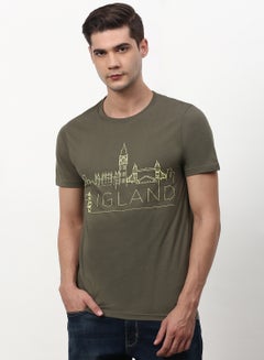 Buy Graphic Printed Regular Fit Crew Neck T-Shirt Olive Green in Saudi Arabia