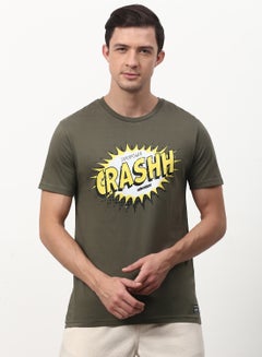 اشتري Graphic Printed Crew Neck Regular Fit T-Shirt Olive في الامارات