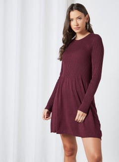 Buy Long Sleeve Knitted Dress Burgundy in Saudi Arabia