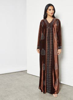 Buy Stylish Embellished V-Neck Long Sleeve Jalabiya Brown in Saudi Arabia