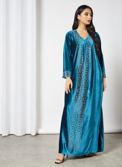 Buy Stone Embellished V-Neck Trendy Modest Jalabiya Blue in Saudi Arabia