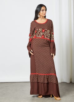 Buy Classic All-Over Printed Round Neck Bell Sleeve Jalabiya With Facemask Brown/Red/Beige in UAE