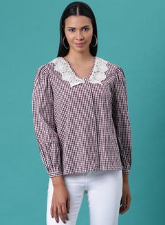 Buy Checkered Pattern Top Maroon/White in Saudi Arabia