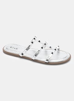 Buy Embellished Strap Flat Sandals Silver in UAE