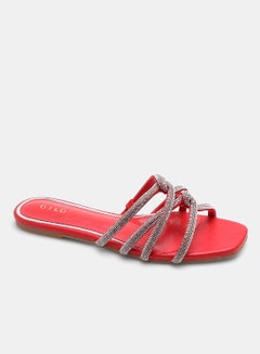 Buy Stone Embellished Strap Flat Sandals Red/Silver in UAE