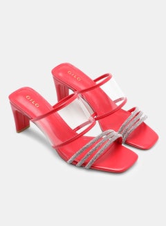 Buy Stone Detail Heeled Sandals Red/Clear in UAE