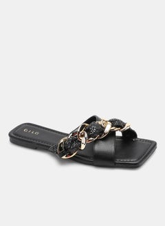 Buy Criss-Cross Chain Detail Strap Flat Sandals Black/Gold in UAE