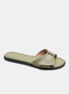 Buy Solid Pattern Criss-Cross Strap Slides Olive in UAE