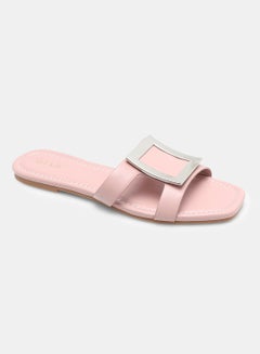 Buy Solid Pattern Slip-On Flat Sandals Pink in UAE