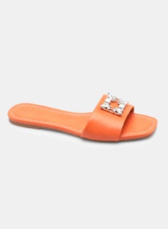 Buy Stone Embellished Broad Strap Flat Sandals Orange/Silver in UAE