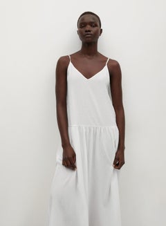 Buy V-Neck Plain Pleated Dress White in UAE