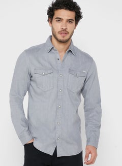 Buy Solid Pattern Slim Fit Denim Shirt Grey in UAE