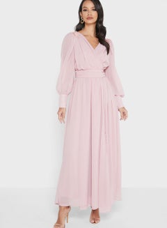 Buy Solid Pattern Pleated Maxi Dress Light Pink in UAE