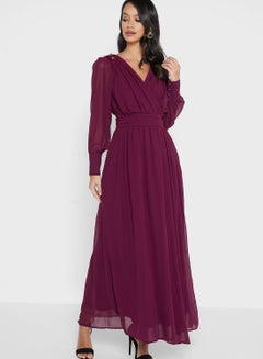 Buy Solid Pattern Pleated Maxi Dress Wine in Saudi Arabia