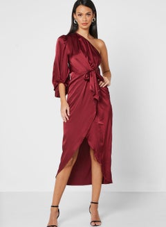 Buy Waist Knot One Shoulder Dress Burgundy in UAE