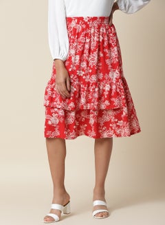 Buy Floral Printed Knee Length Skirt Red/White in UAE