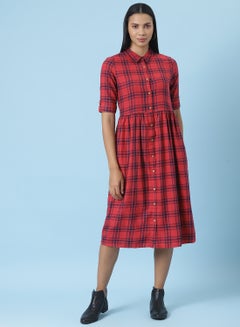 Buy Casual Checkered Midi Dress Red/Navy Blue in UAE