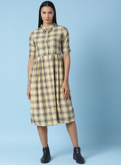 Buy Casual Checkered Midi Dress Beige/Navy Blue in UAE