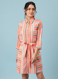 Buy Three-Quarter Sleeve Mini Dress Pink/Grey/White in Saudi Arabia