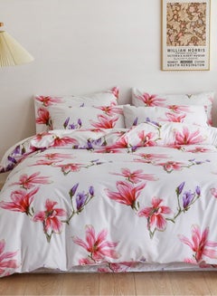 Buy 6-Piece Floral Design Duvet Cover Set Without Filler Cotton White/Pink/Purple 230x200cm in UAE