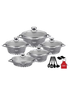 Buy 17-Piece Granite Cookware Set Includes 1xCasserole With Lid 20 cm, 1xCasserole With Lid 24 cm ,1xCasserole With Lid 28 cm, 1xCasserole With Lid 32 cm, 1xShallow Casserole With Lid 28 cm, 7-Piece Cooking Tools Grey/Clear in UAE