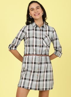 Buy Collared Neck Checkered Mini Dress Multicolour in UAE