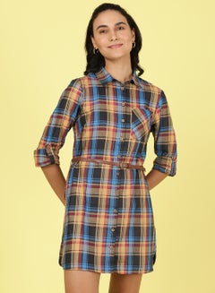 Buy Collared Neck Checkered Mini Dress Multicolour in UAE