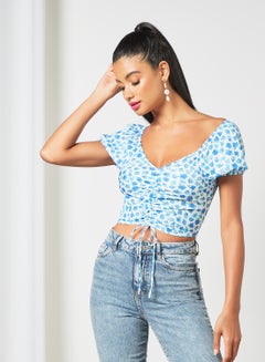Buy Ruched Front Cropped Top White/Blue in Saudi Arabia