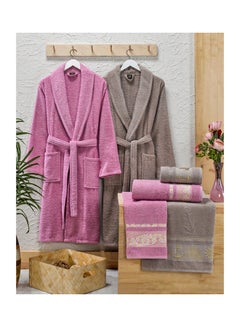 Buy 6-Piece Turkish Cotton Family Bathrobe Set Hot Pink/Beige One Size cm in UAE