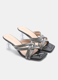 Buy Stone Embellished Strap Heeled Sandals Black/Silver in UAE