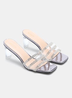 Buy Stone Embellished Strap Heeled Sandals Black/Silver in UAE