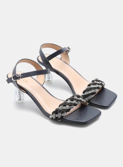 Buy Stone Embellished Braided Strap Heeled Sandals Navy Blue/Silver in UAE
